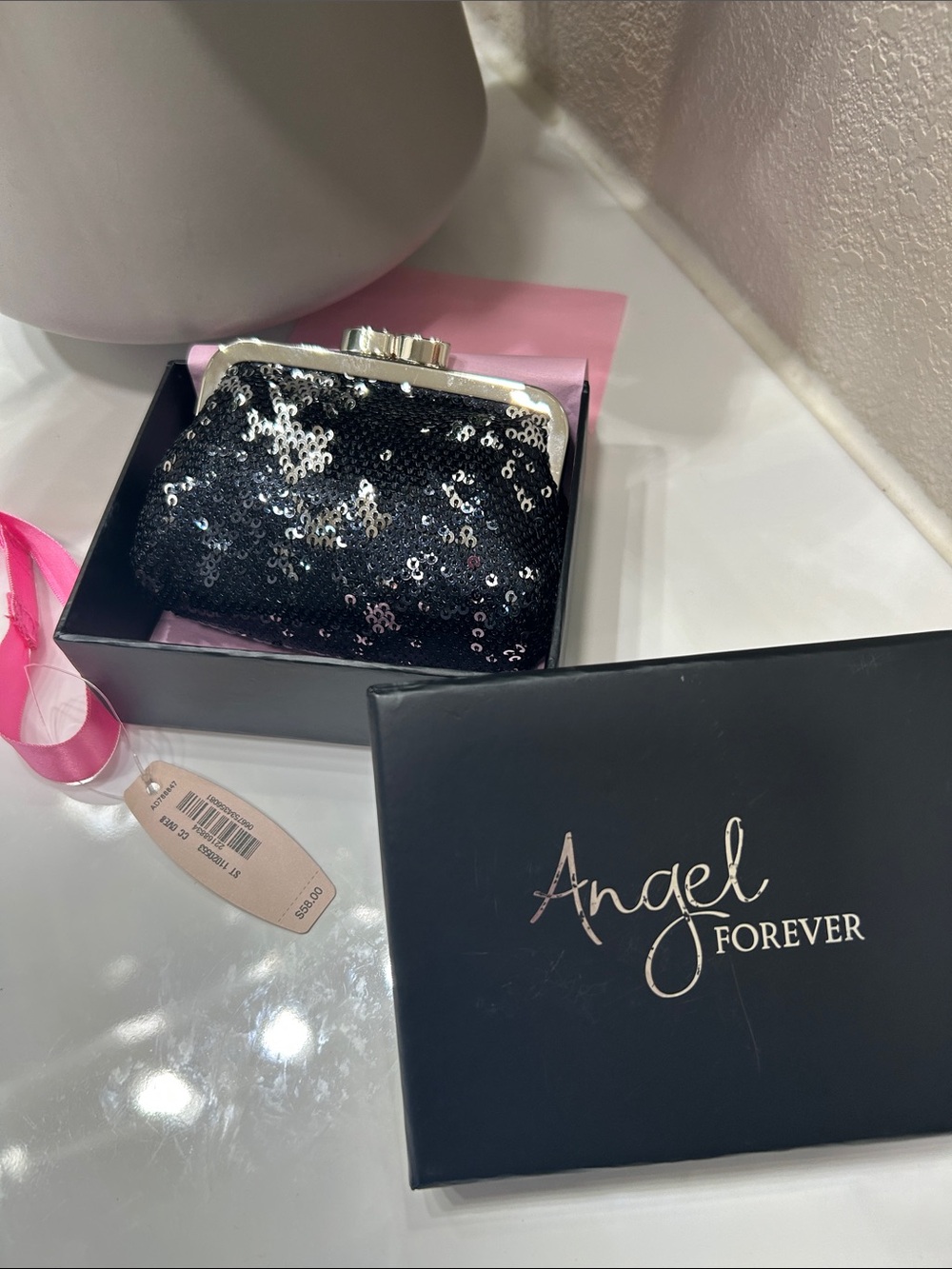 angel forever Black Sequin Kiss-Lock Clutch